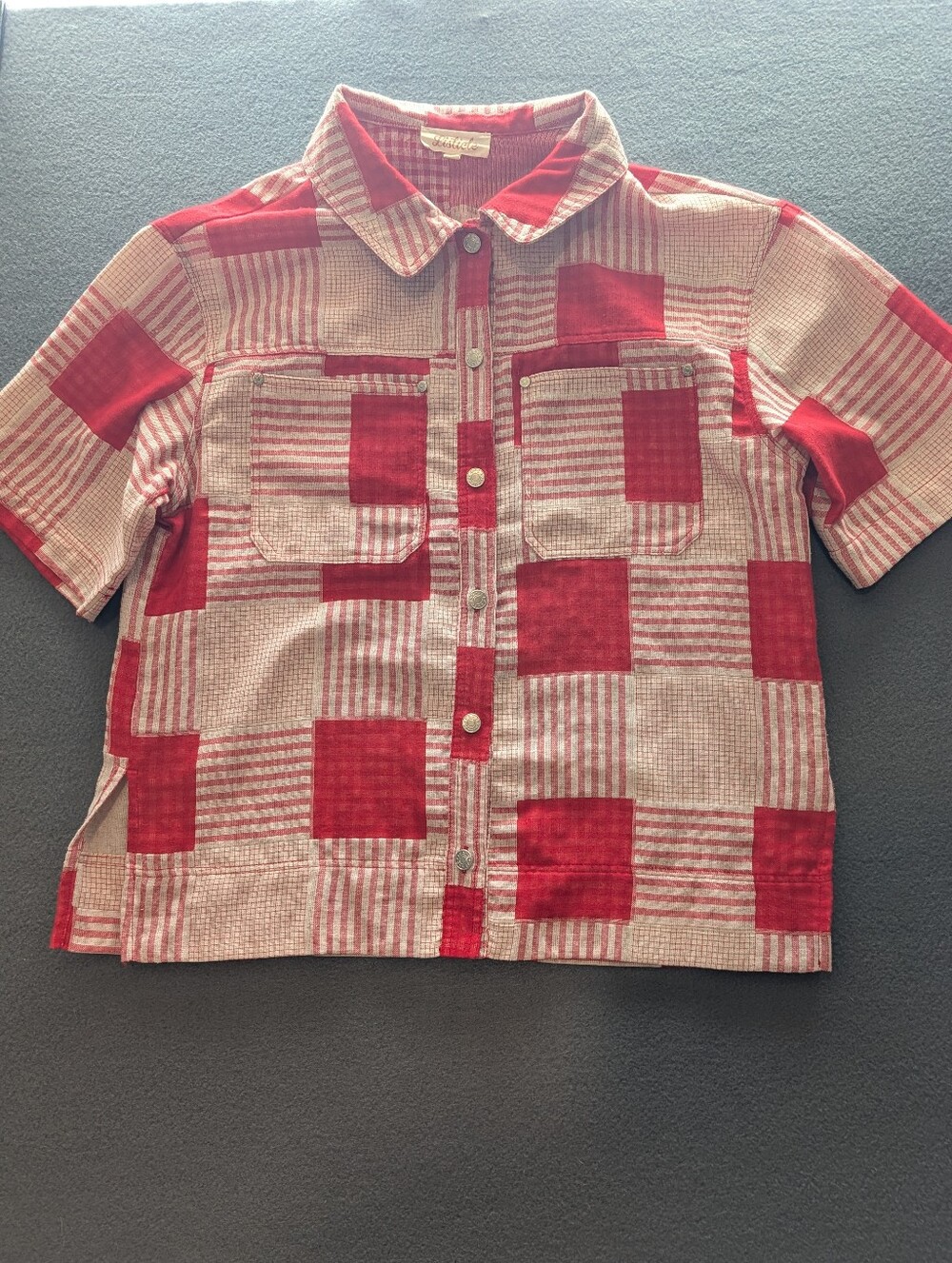 Listicle Red and Cream Patchwork Short-Sleeve Button-Up Shirt